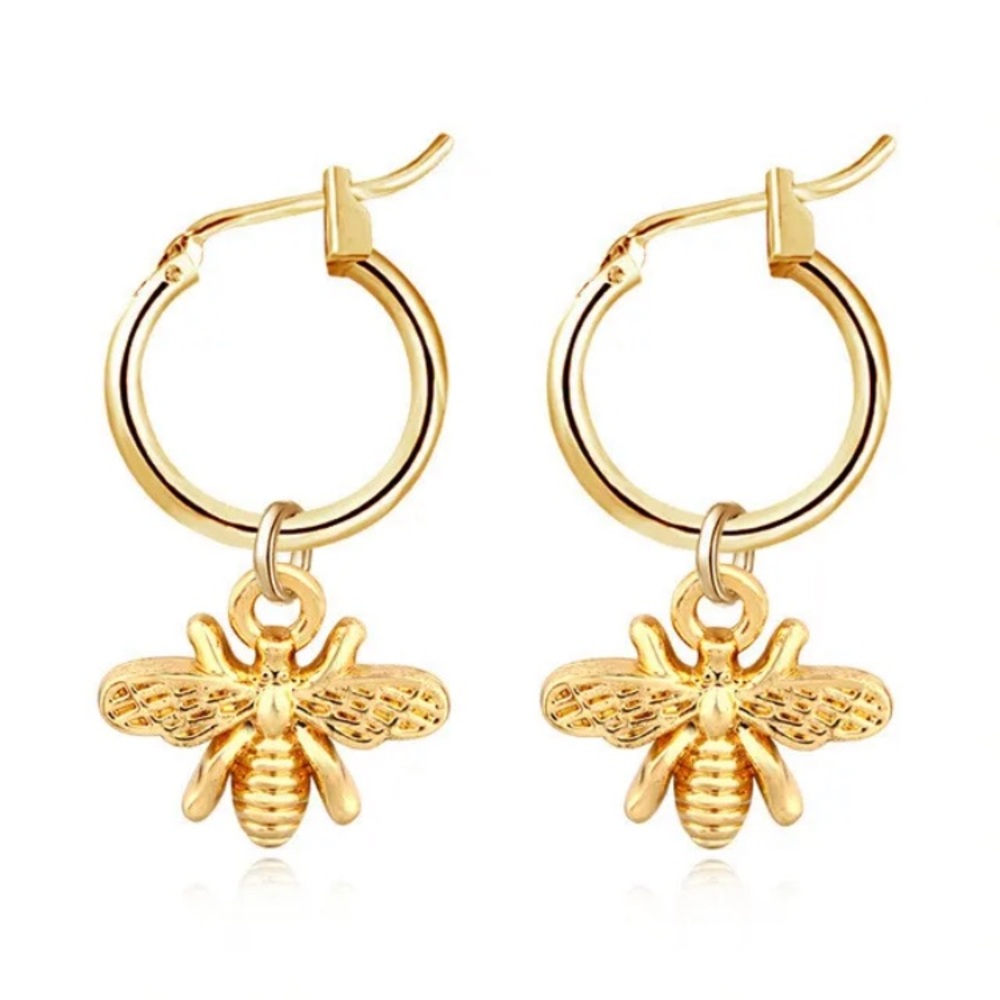 Gold Plated Hoop Earrings with Dangling Bee Charm NEW